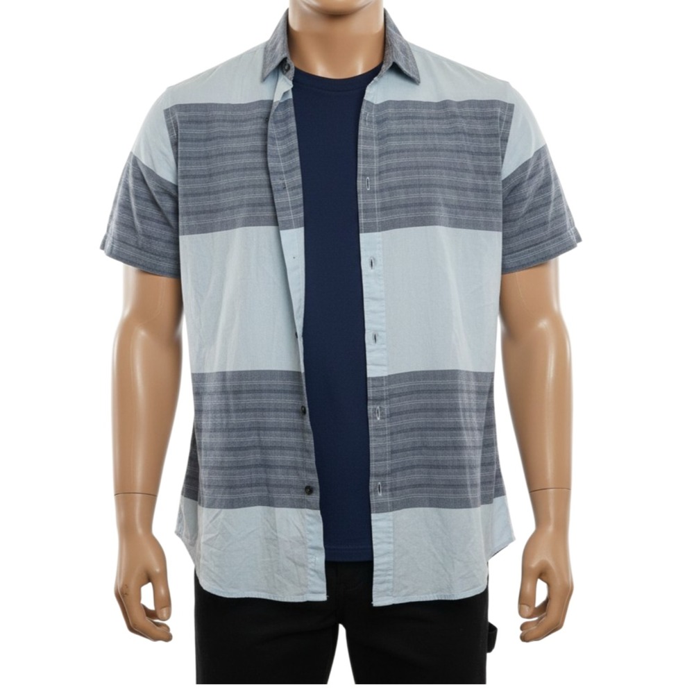 Express Shirt Mens M Blue Colorblock Stripe Short Sleeve Button Up Slim Fit Y2K